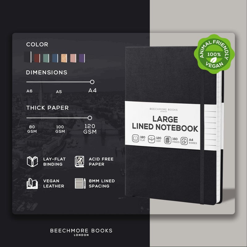 بيتش مور بوكس كتب Beechmore دفتر يوميات مبطن 8.5 × 11.5 بوصة A4 160 صفحة مبطنة بغلاف جلدي مجلات جلدية للنساء والرجال للكتابة والدفاتر للعمل - صندوق هدايا ورقي سميك 120 جرام في المتر المربع متضمن - Image 2